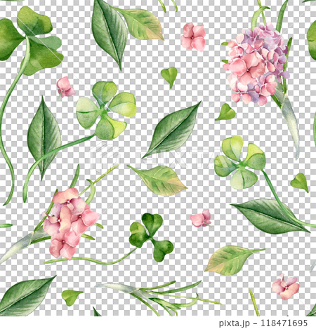 Floral seamless pattern and leaves by watercolor isolated. Repeated background with clover and pink hydrangea hand drawn. Spring flowers and herb painted in botanical realistic art. Design textile 118471695