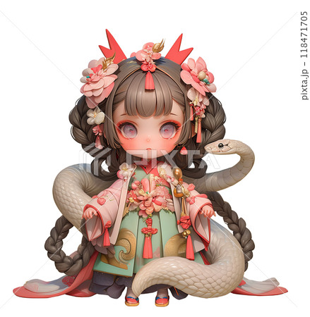 正月着物を着たかわいい少女と白い蛇　ソフビ人形風　年賀状　素材 118471705