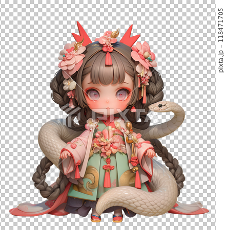 正月着物を着たかわいい少女と白い蛇　ソフビ人形風　年賀状　素材 118471705