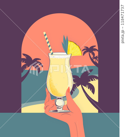 Woman holding tropical cocktail pina colada at the beach bar 118471737