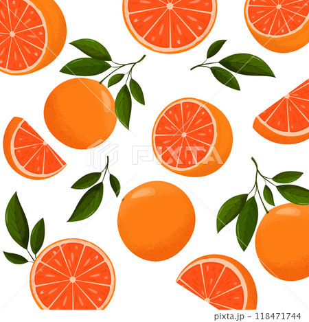 Seamless pattern of oranges with leaves falling on white background Seamless pattern of oranges with leaves falling on white background 118471744