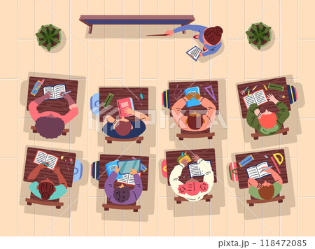 Cartoon Color Characters People and Classroom Top View Concept Flat Design Style. Vector illustration of Children Sitting at Desk Cartoon Color Characters People and Classroom Top View Concept Flat Design Style. Vector illustration of Children Sitting at Desk 118472085