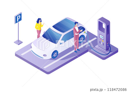 Color Car Charging on Public Station Scene Concept with Characters People 3D Isometric View. Vector illustration 118472086