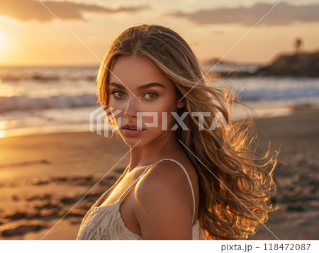 beautiful young woman on the beach 118472087
