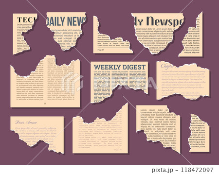 Pieces of Old Newspaper Cover Page Set for Web and App Design. Vector illustration of Torn Sheet Elements for Scrapbooking Pieces of Old Newspaper Cover Page Set for Web and App Design. Vector illustration of Torn Sheet Elements for Scrapbooking 118472097