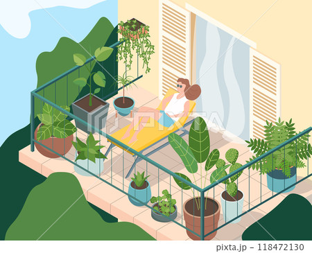 Cartoon Color Character Girl on Balcony with House Plants Rest Concept Flat Design Style. Vector illustration of Woman Relaxing 118472130