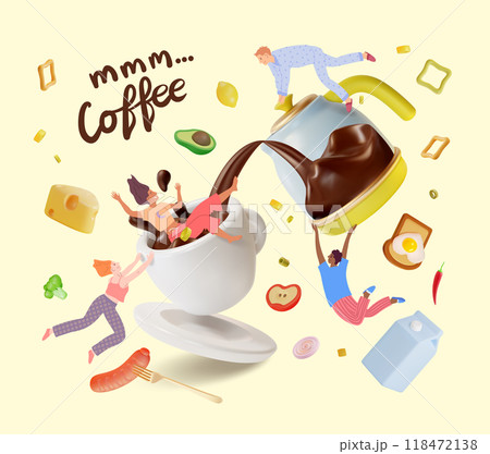 Cartoon Color Characters People and 3d Breakfast Elements Concept. Vector illustration with Floating Cup and Electric Kettle Cartoon Color Characters People and 3d Breakfast Elements Concept. Vector illustration with Floating Cup and Electric Kettle 118472138