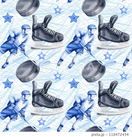 hockey players with sticks in motion with a puck, stars and black skates on light watercolor spot and skate tracks on the ice, hand drawn illustration, watercolor seamless pattern of ice sport theme hockey players with sticks in motion with a puck, stars and black skates on light watercolor spot and skate tracks on the ice, hand drawn illustration, watercolor seamless pattern of ice sport theme 118472434