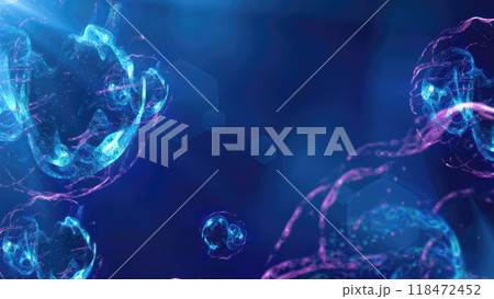 A vibrant depiction of floating blue spheres in a cosmic environment, resembling microscopic particles or cells in a glowing, ethereal space A vibrant depiction of floating blue spheres in a cosmic environment, resembling microscopic particles or cells in a glowing, ethereal space 118472452
