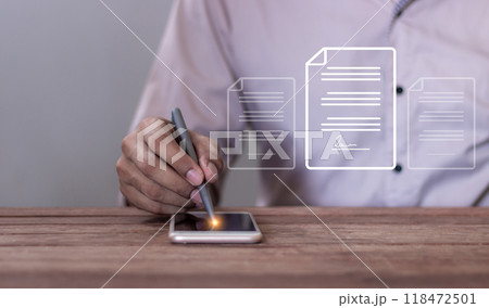 Electronic Signature Oline Business Contract, Young man uses a smartphone to sign  118472501