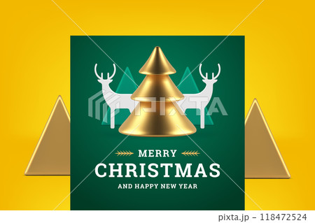 Merry Christmas green congratulations greeting card horned deer and spruce realistic 3d icon vector 118472524