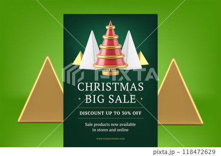 Christmas sale promo flyer template decorative spruce bauble design realistic 3d icon vector 118472629