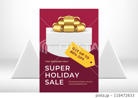 Christmas sale premium gift box golden bow design promo flyer template realistic 3d icon vector Christmas sale premium gift box golden bow design promo flyer template realistic 3d icon vector 118472633