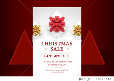 Christmas sale discount promo flyer template premium gift box top view realistic 3d icon vector Christmas sale discount promo flyer template premium gift box top view realistic 3d icon vector 118472642