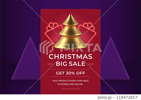 Christmas big sale red promo flyer template golden spruce bauble design realistic 3d icon vector Christmas big sale red promo flyer template golden spruce bauble design realistic 3d icon vector 118472657