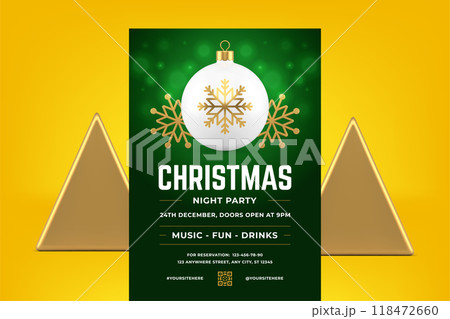 Premium green Christmas eve disco music party promo flyer template realistic 3d icon vector Premium green Christmas eve disco music party promo flyer template realistic 3d icon vector 118472660