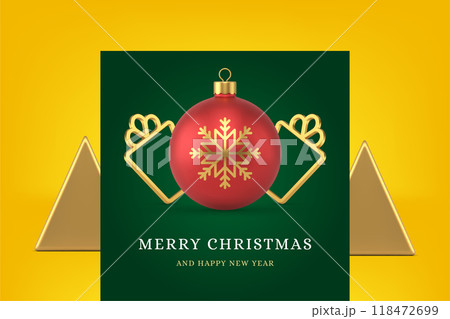 Congratulations Merry Christmas greeting card spruce ball toy gift box frame 3d icon vector 118472699
