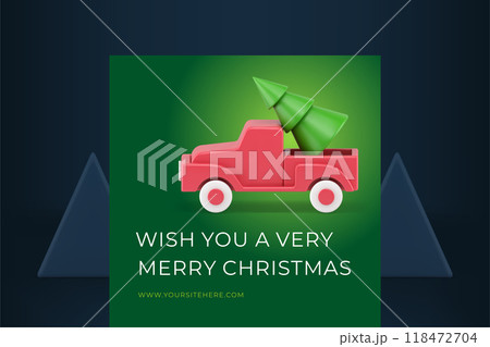Merry Christmas winter holiday greeting card pickup car carrying spruce bauble 3d icon vector 118472704