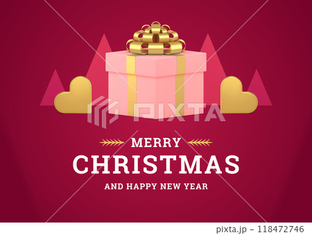 Pink romantic Merry Christmas greeting card festive gift box heart bauble realistic 3d icon vector 118472746