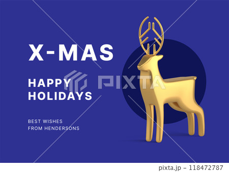 Xmas congratulations purple greeting card template golden horned deer bauble realistic 3d icon vector 118472787