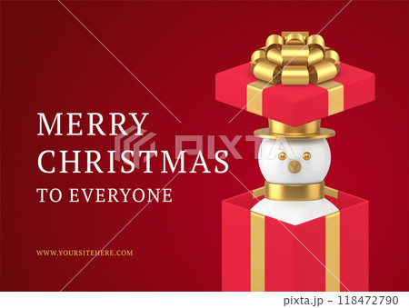 Merry Christmas red festive greeting card template snowman in open gift box bauble 3d icon vector 118472790