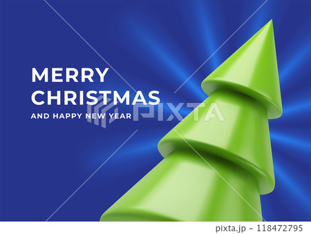 Merry Christmas blue illuminated greeting card template green spruce bauble realistic 3d icon vector 118472795