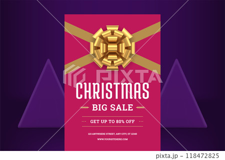 Pink fashion Christmas sale flyer template golden bow ribbon gift design realistic 3d icon vector 118472825