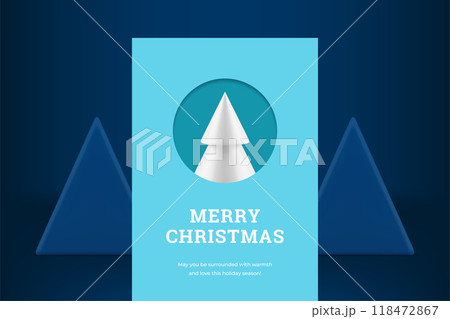 Blue Happy New Year greeting card white glossy fir tree in round border realistic 3d icon vector 118472867