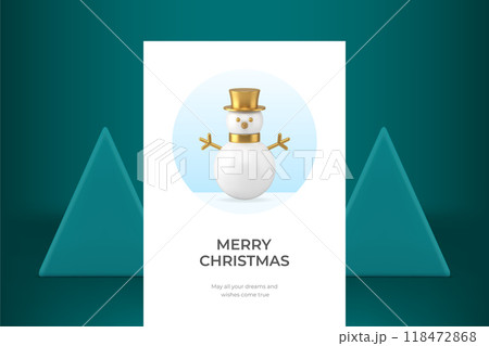 Golden snowman bauble Merry Christmas greeting card circle frame ornament realistic 3d icon vector 118472868