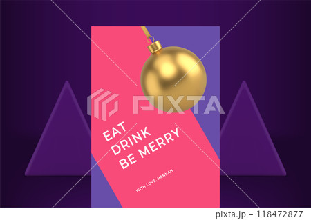 Happy New Year congratulations greeting card pink purple ornament design realistic 3d icon vector 118472877