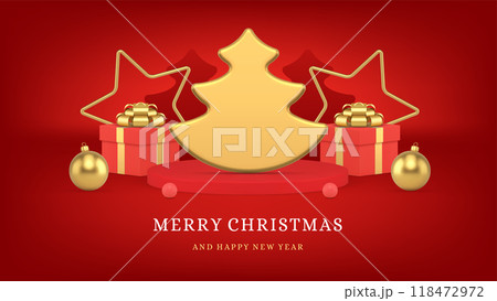 Golden Xmas spruce Merry Christmas congratulations red web banner template realistic 3d icon vector 118472972