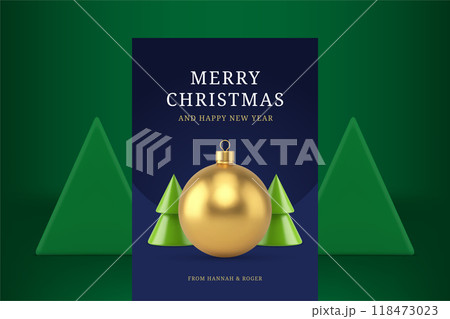 Merry Christmas greeting card golden ball toy with green spruce realistic 3d icon vector 118473023