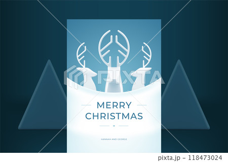 Happy New Year greeting card horned deer ornament bauble realistic 3d icon vector illustration 118473024