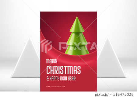 Green spruce Merry Christmas red wave greeting card decorative design realistic 3d icon vector 118473029