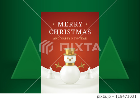 Classic red white Merry Christmas greeting card snowman and spruce realistic 3d icon vector Classic red white Merry Christmas greeting card snowman and spruce realistic 3d icon vector 118473031