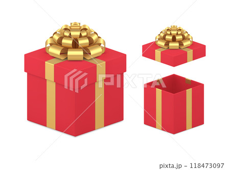 Luxury red open and closed gift box with golden big bow set realistic vector illustration 118473097