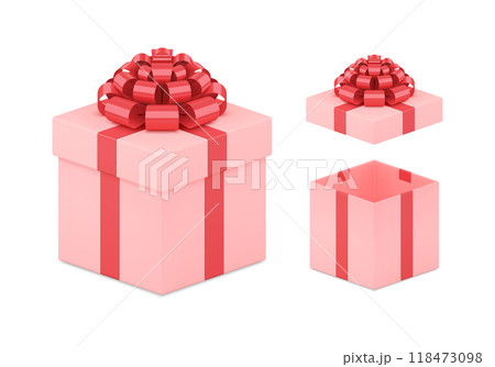 Elegant cute festive pink gift box with red metallic bow set realistic vector illustration 118473098