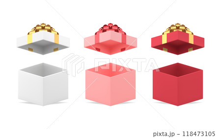 Set of realistic cube open cardboard case for present package with decorative bow ribbon vector 118473105