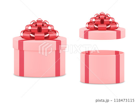 Realistic festive pink open and closed gift boxes set 3d template vector illustration 118473115