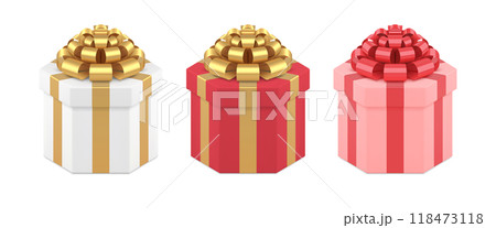 Collection polygonal festive wrapped gift box decorated by glossy metallic bow ribbon 3d vector Collection polygonal festive wrapped gift box decorated by glossy metallic bow ribbon 3d vector 118473118