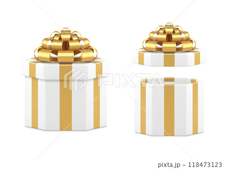 Glossy detailed white polygonal wrapped gift box decorated by golden bow ribbon 3d mockup vector 118473123