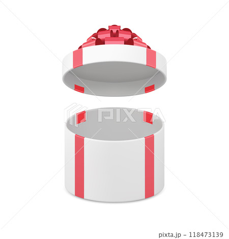Tenderness glossy realistic white wrapped circled gift box with open cap present unpacking vector Tenderness glossy realistic white wrapped circled gift box with open cap present unpacking vector 118473139