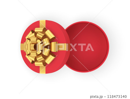 Top view circled empty wrapped red luxury gift box decorated by golden bow ribbon 3d vector Top view circled empty wrapped red luxury gift box decorated by golden bow ribbon 3d vector 118473140