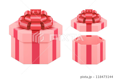 Cute wrapped pink open and closed festive polygon gift box decorated by red bow ribbon 3d template 118473144