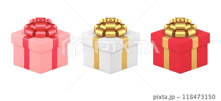 Realistic cubes festive gift boxes wrapped by metallic detailed bow ribbon for holiday party 118473150