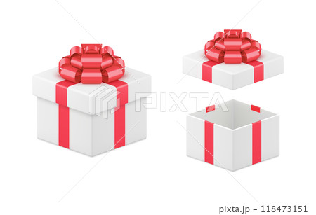 Isometric squared tenderness wrapped white gift box with decorative metallic red bow ribbon 118473151
