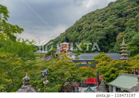 朝護孫子寺の本堂から見た日本一大地蔵尊と三重塔の広角 118473197