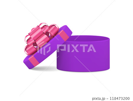 Unusual neon purple festive rounded gift box pink bow luxury decorative design 3d realistic vector Unusual neon purple festive rounded gift box pink bow luxury decorative design 3d realistic vector 118473200