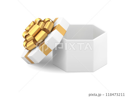 Classic elegant white hexagon cardboard with open cap decorated by metallic gloss golden bow 118473211