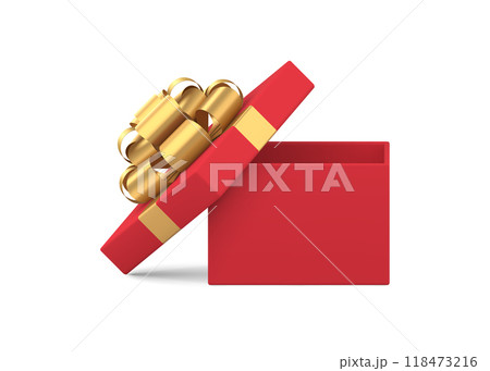 Luxury classic red squared gift box with golden bow ribbon for festive congrats realistic 3d vector 118473216